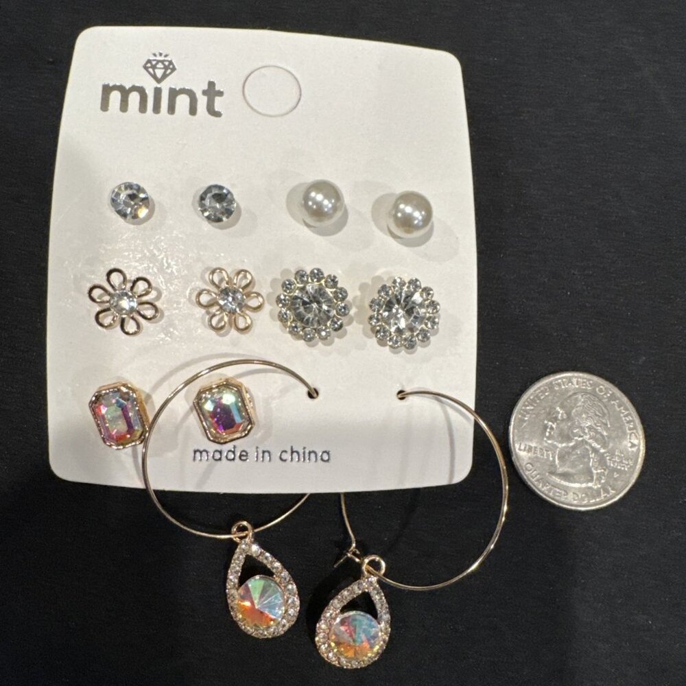 Mint 12 Piece Set Faux Pearl Rhinestone Heart Dangle Studs Earrings NEW